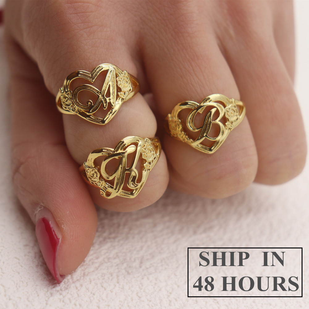 Wedding Z - Gold Personalized Initials Heart Adjustable Ring
